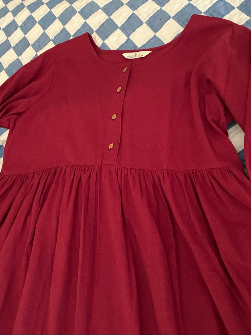 Red Button-Front Peasant Dress